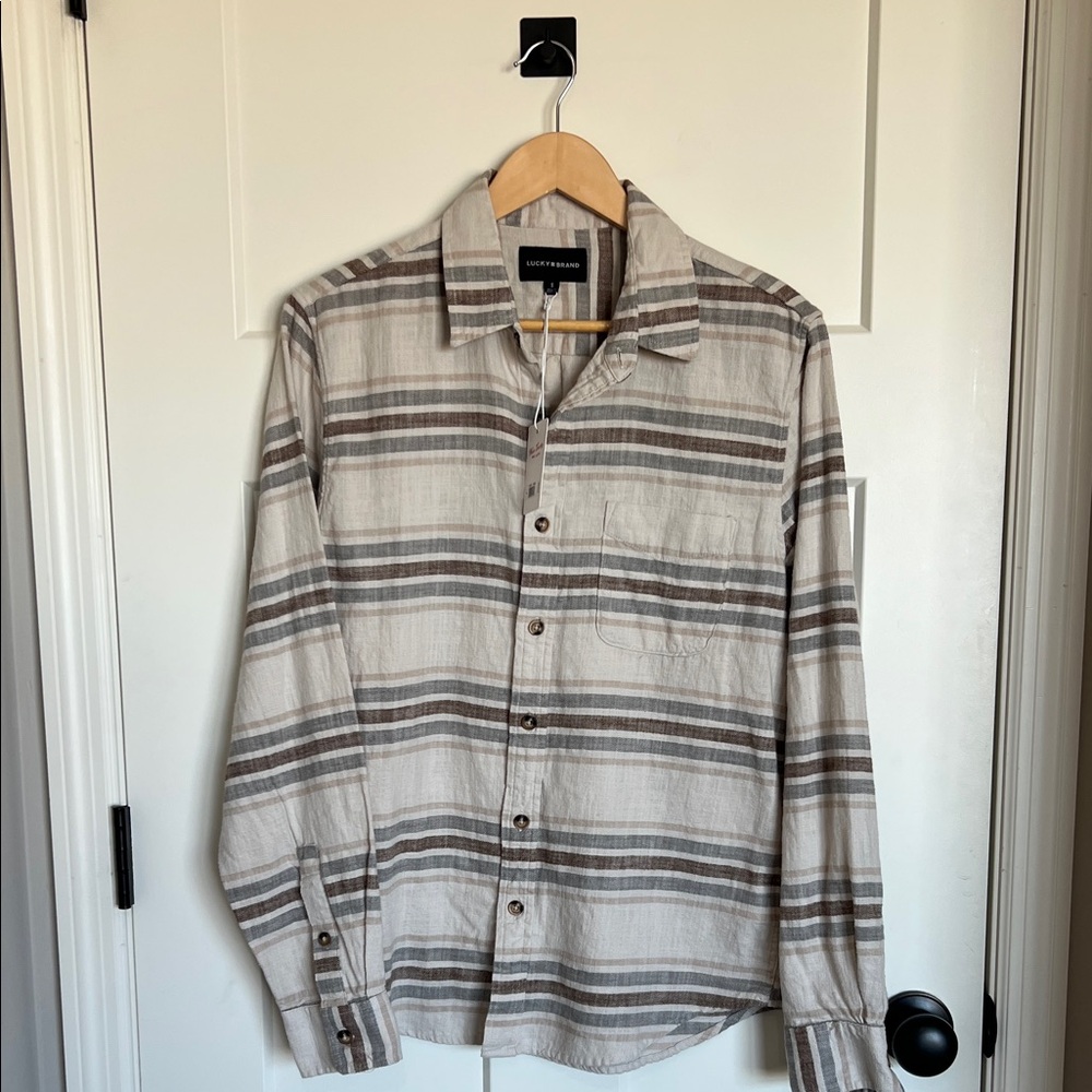 Lucky Brand Cream and Brown soft Striped Button-Up Shirt, 100%cotton